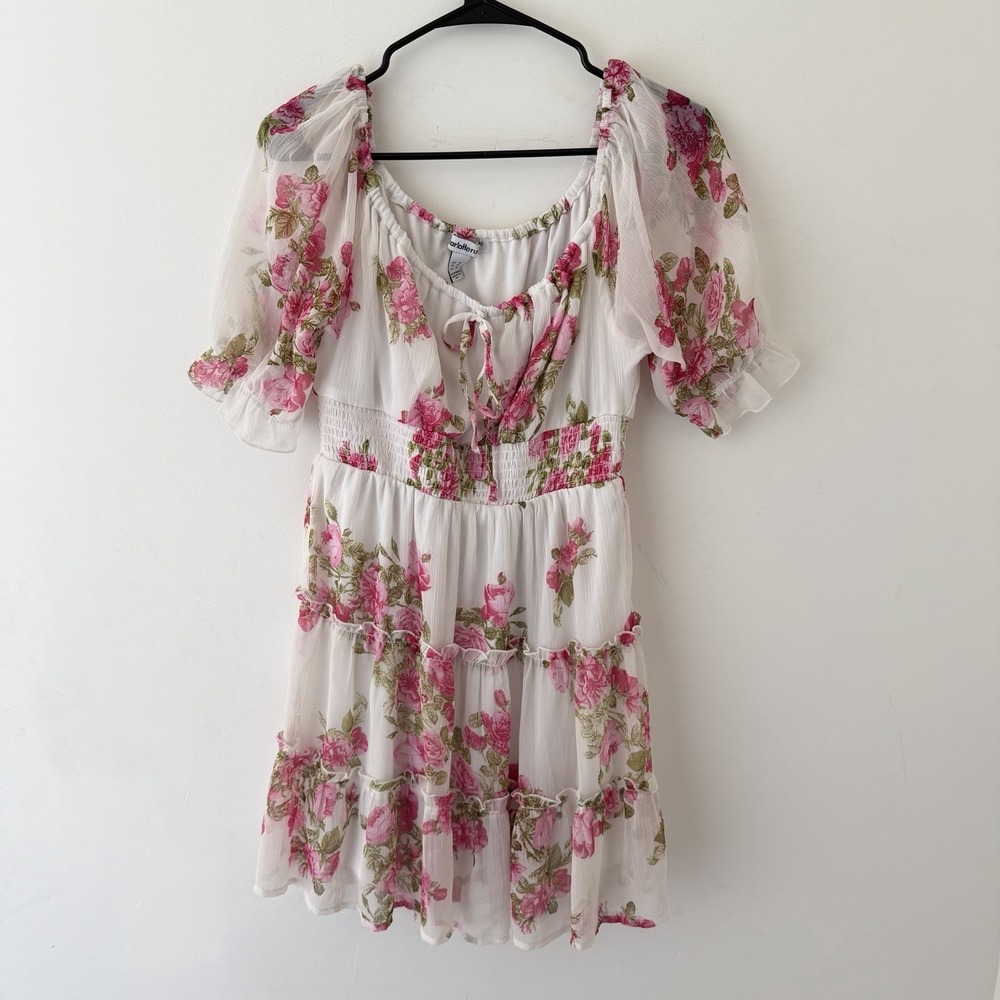 Sheer Floral Puff Sleeve Mini Dress Tiered Smocked Waist Coquette Milkmaid M‎